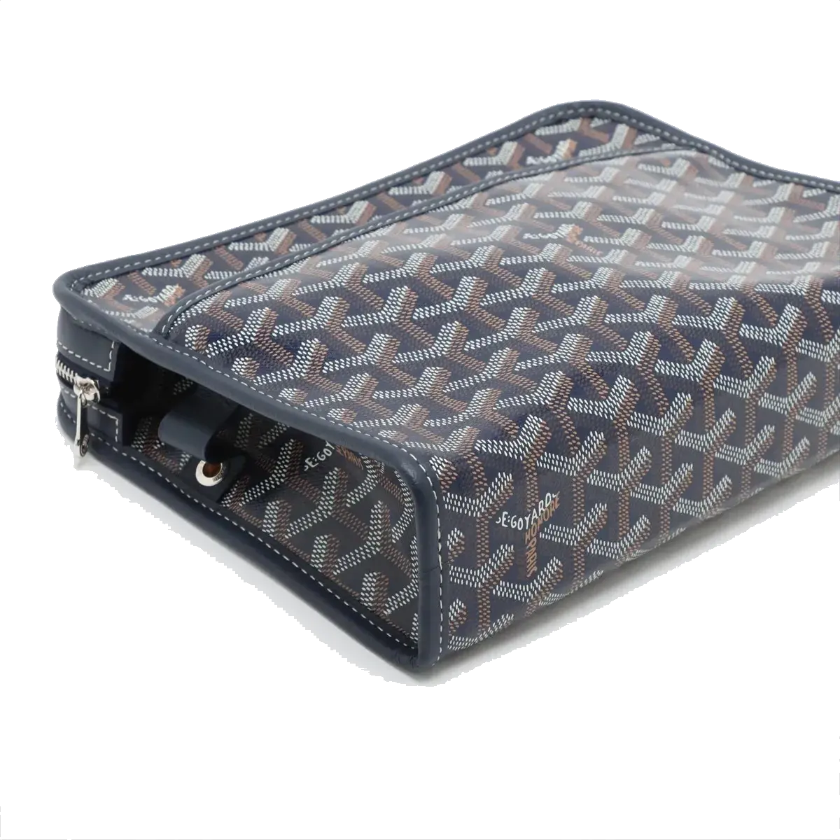 Pre-Loved Jouvence Toiletry Pouch Clutch Goyardine Chevron Coated Canvas MM with Silver Hardware, Navy Blue