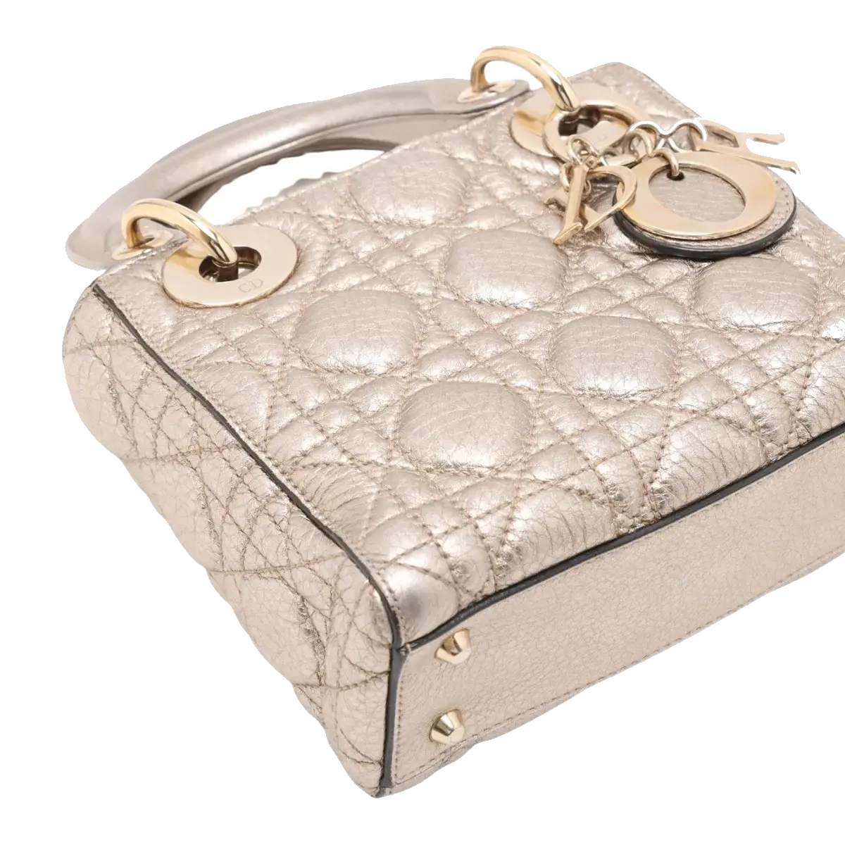 Pre-Loved Lady Dior Handbag Cannage Leather Mini with Gold Hardware, Metallic Champagne Gold