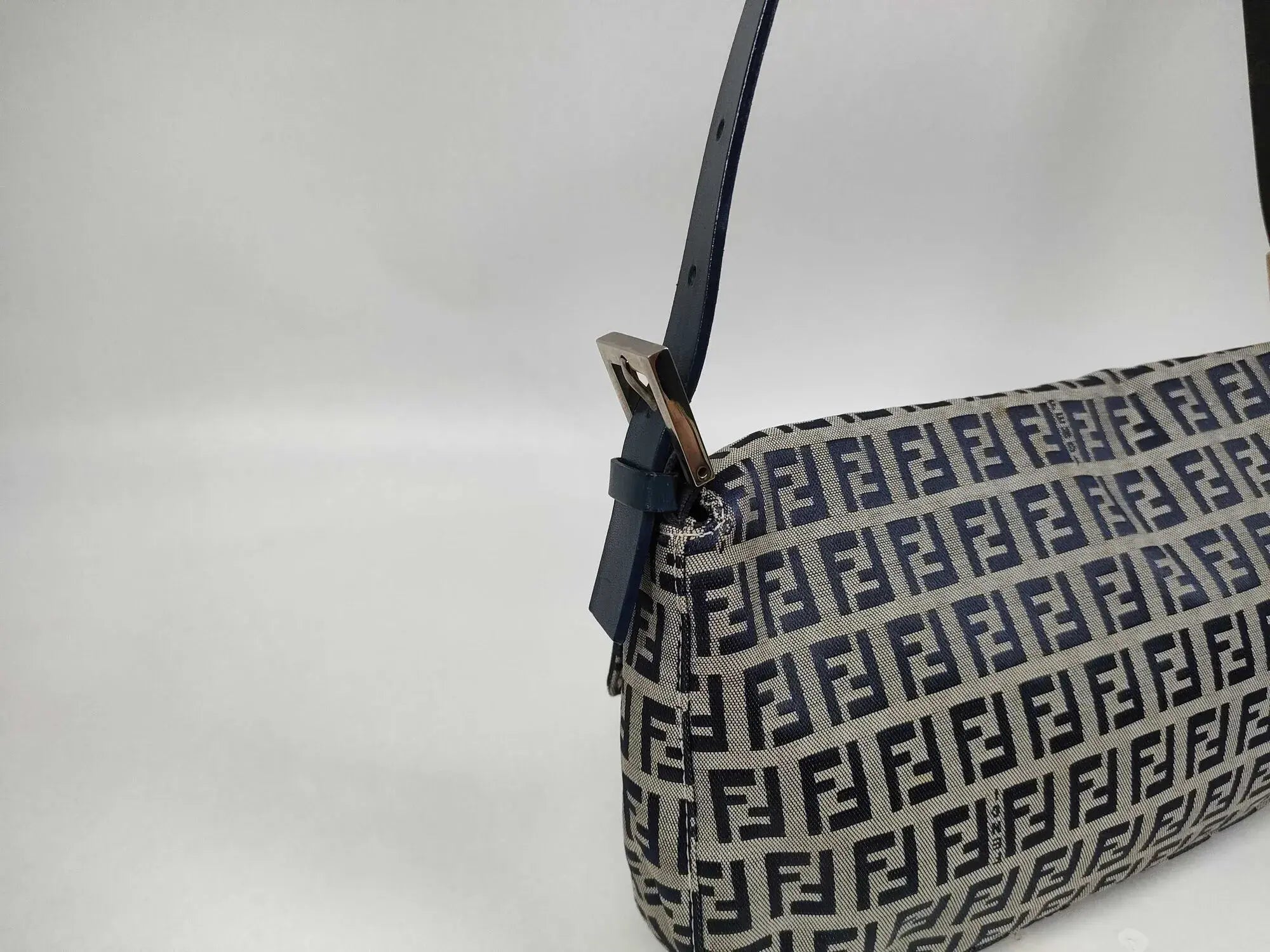 Pre-Loved Mamma Baguette Shoulder Bag Zucchino Canvas Coated with Silver Hardware, Navy and Grey