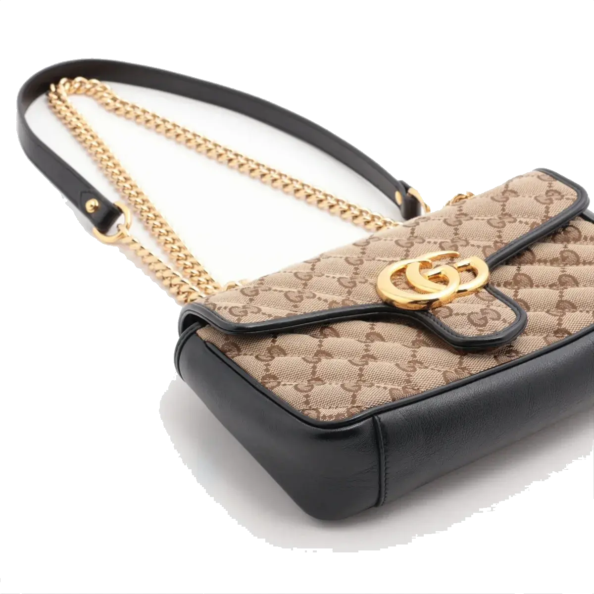 Pre-Loved GG Marmont Shoulder Bag Monogram Coated Canvas Mini with Gold Hardware, Beige / Ebony with Black Leather Trim