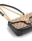 Pre-Loved GG Marmont Shoulder Bag Monogram Coated Canvas Mini with Gold Hardware, Beige / Ebony with Black Leather Trim