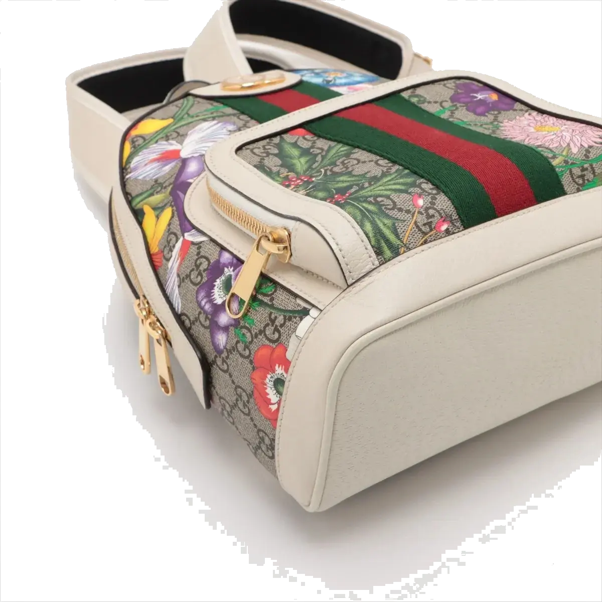 Pre-Loved Ophidia GG Flora Backpack Monogram Coated Canvas Small with Gold Hardware, Beige Ebony with Floral Multicolor