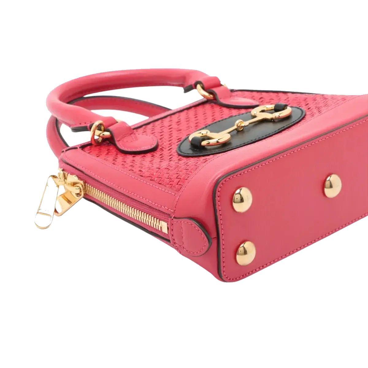 Pre-Loved Horsebit 1955 Handbag Woven Raffia Mini with Gold Hardware, Pink