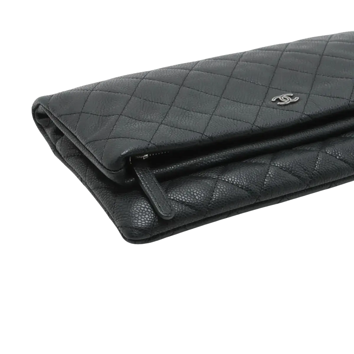 Pre-Loved Quilted Fold-Over Clutch Clutch Quilted Leather with Silver Hardware, Black