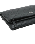 Pre-Loved Quilted Fold-Over Clutch Clutch Quilted Leather with Silver Hardware, Black