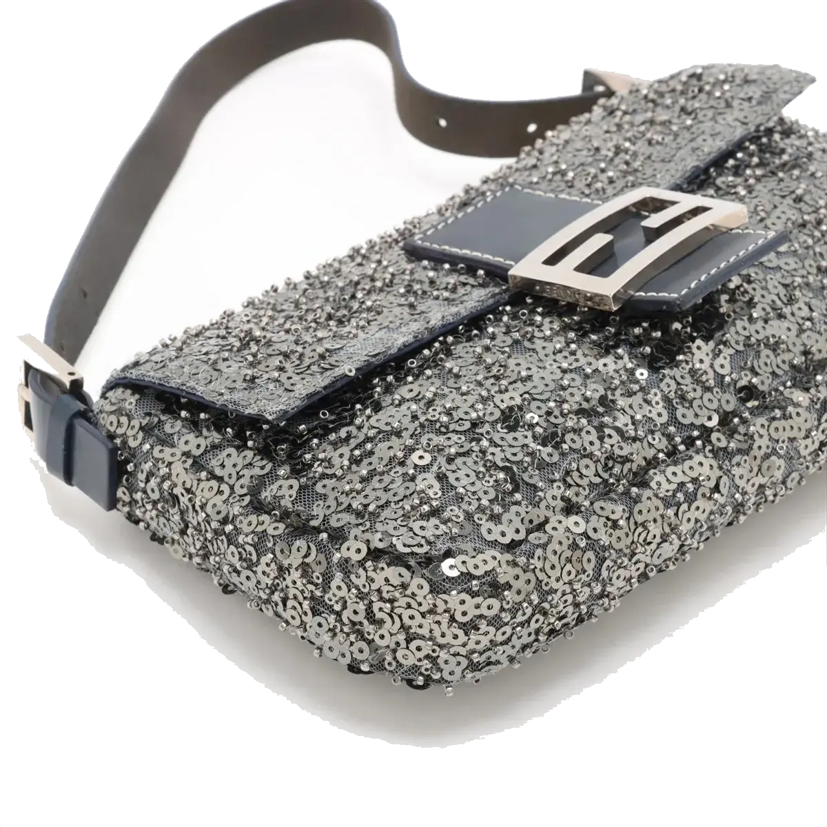 Pre-Loved Mamma Baguette Shoulder Bag Sequined with Silver Hardware, Silver
