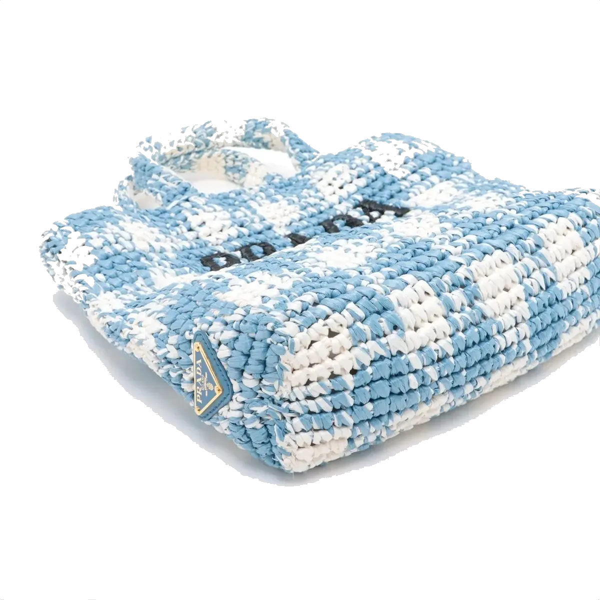 Pre-Loved Crochet Raffia Logo Tote Gingham Raffia Small with Gold Hardware, Light Blue and White