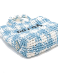 Pre-Loved Crochet Raffia Logo Tote Gingham Raffia Small with Gold Hardware, Light Blue and White
