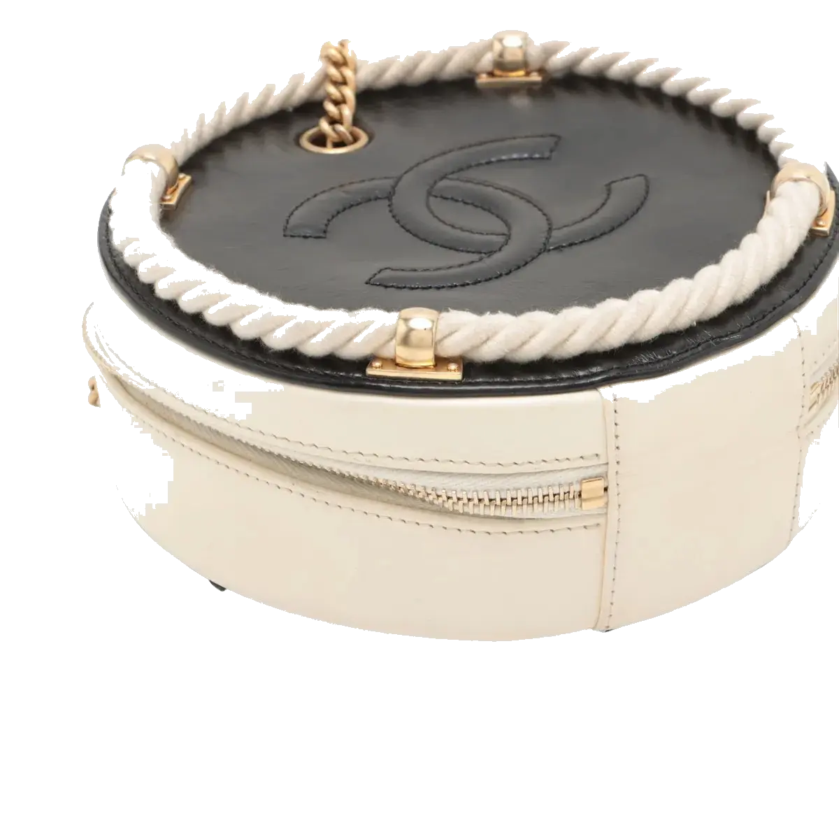 Pre-Loved En Vogue Round Clutch with Chain Crossbody Bag Leather Small with Gold Hardware, Black and Ivory