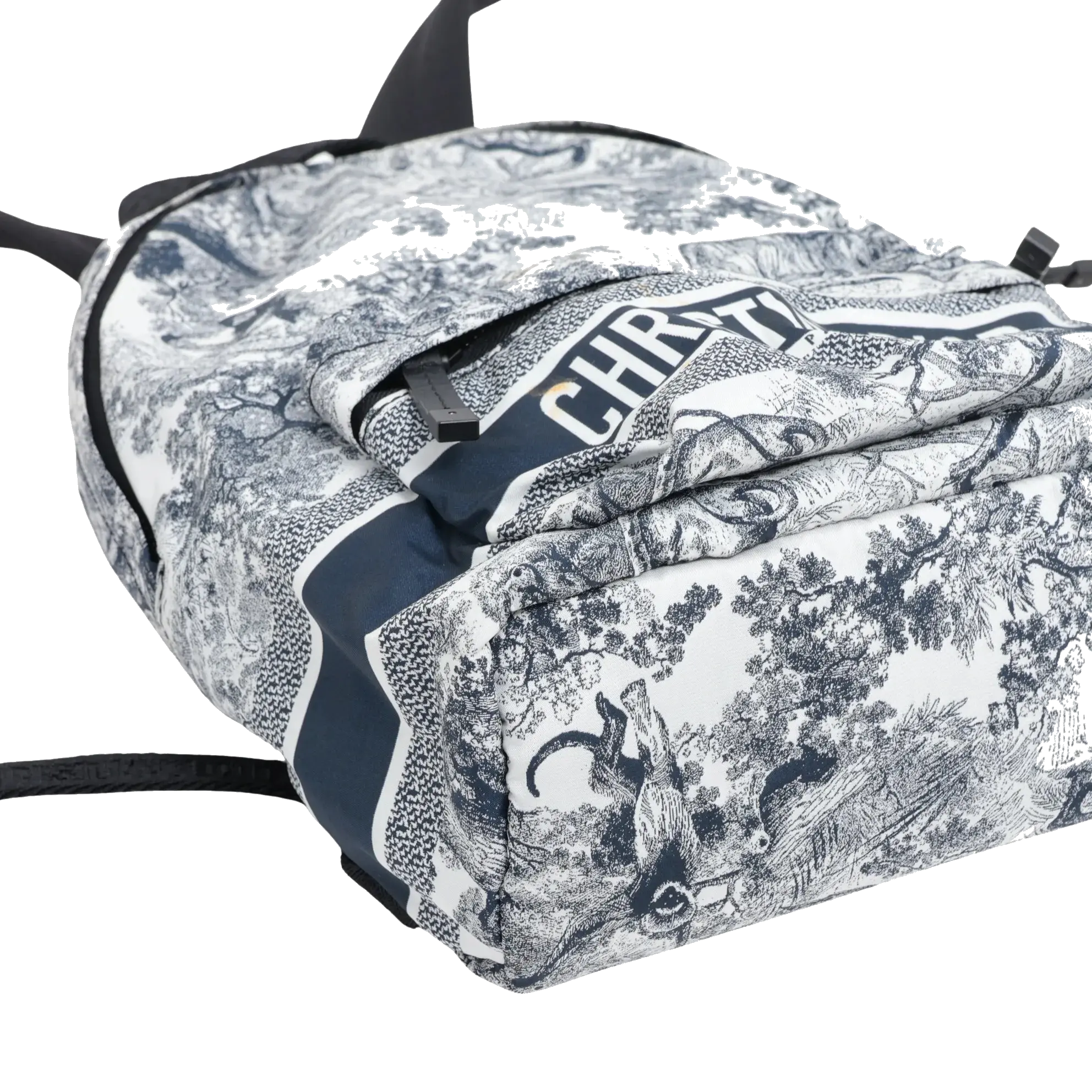 Pre-Loved DiorTravel Backpack Toile de Jouy Coated Canvas Medium with Black Hardware, White and Navy Blue