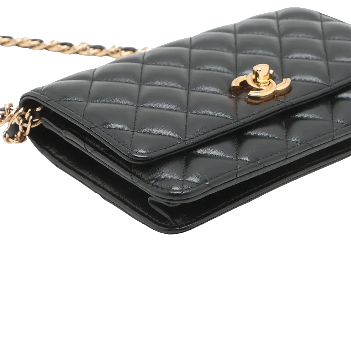 Pre-Loved Wallet on Chain Crossbody Bag Quilted Leather with Gold Hardware, Black