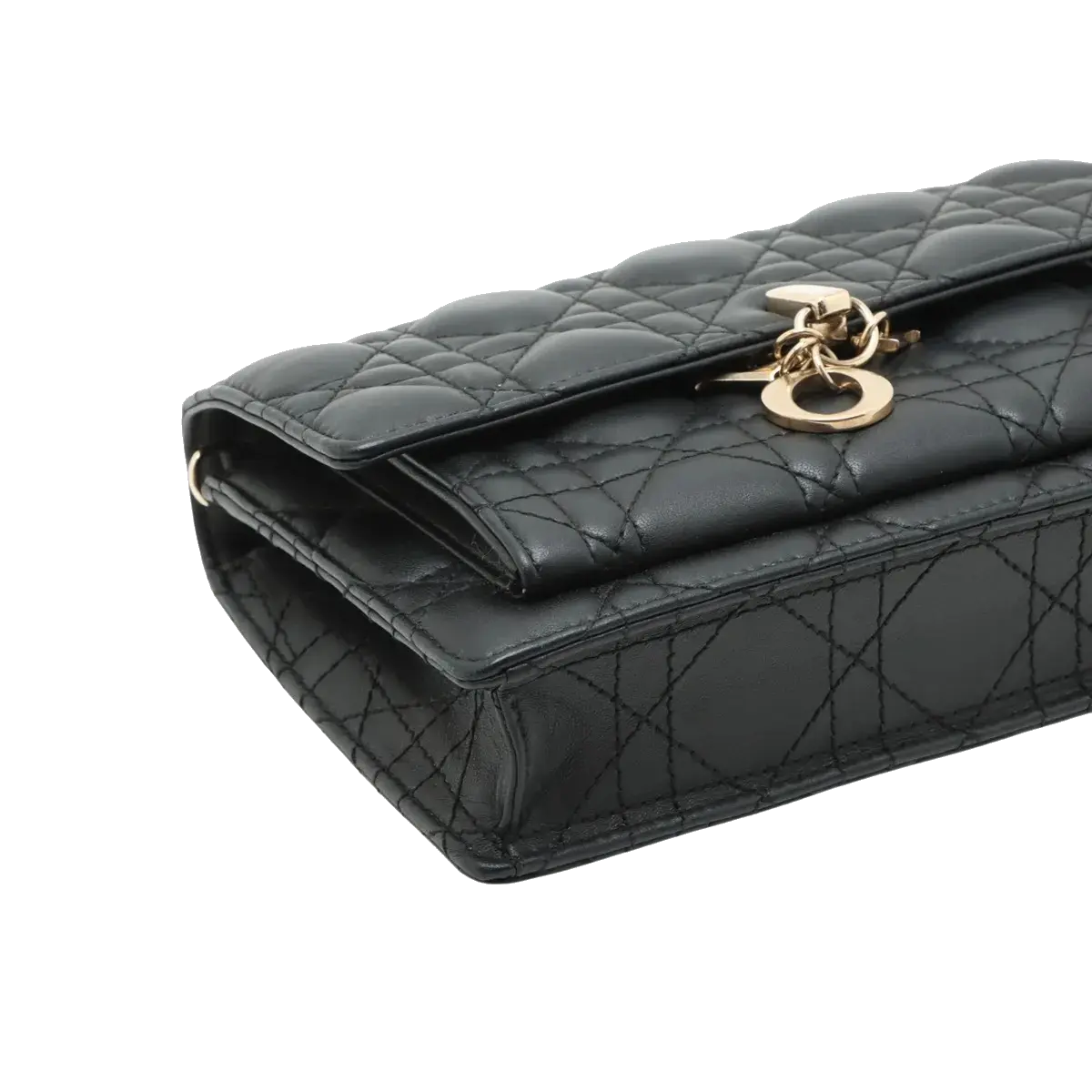 Pre-Loved Lady Dior Wallet on Chain Cannage Leather with Gold Hardware, Black