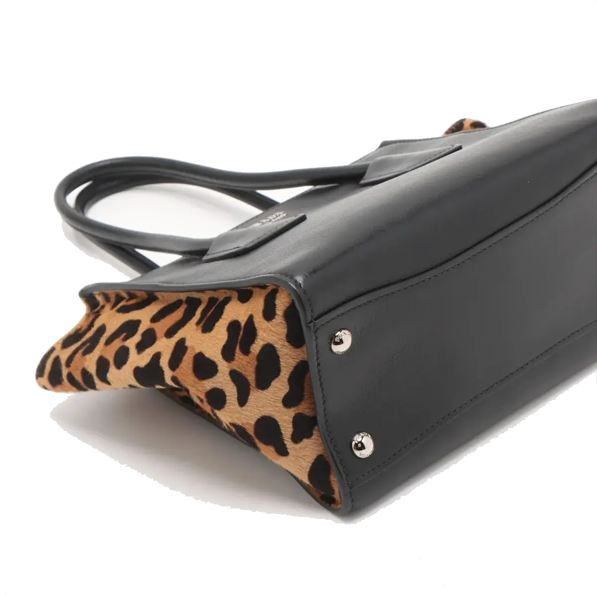 Pre-Loved Twin Pocket Tote Tote Leopard Leather Small with Silver Hardware, Black