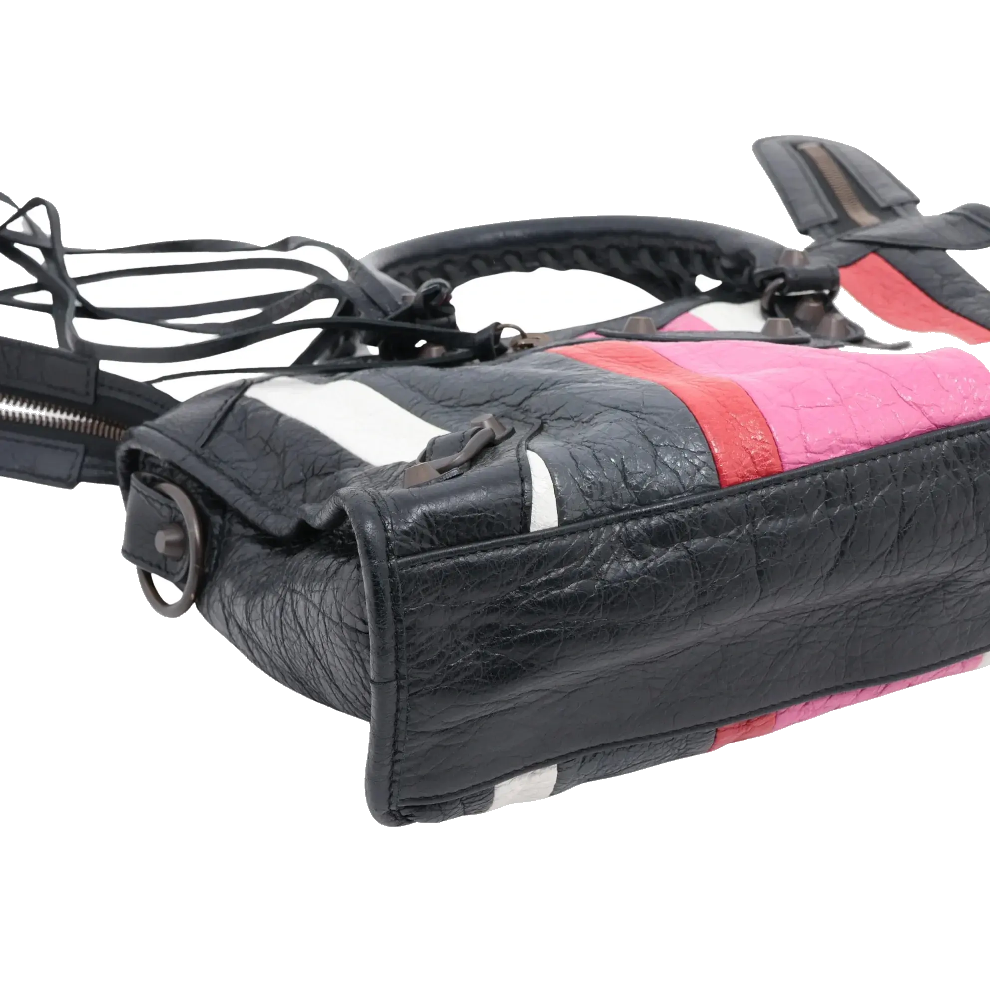 Pre-Loved Classic City Handbag Striped Leather Small with Aged Bronze Hardware, Black, White, Pink, Red