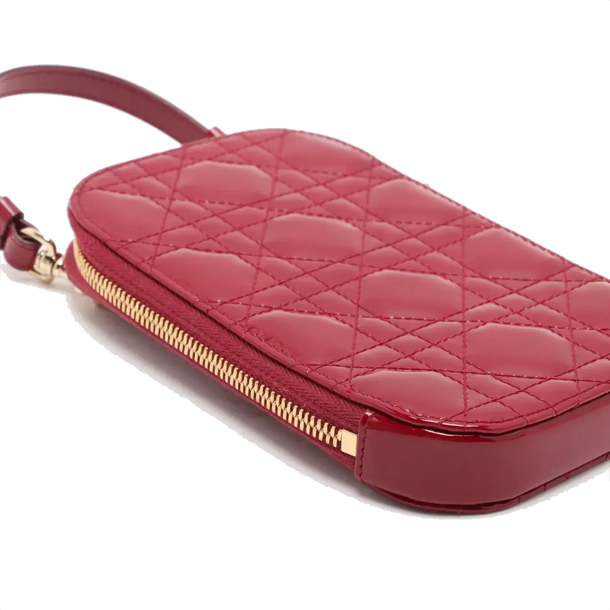 Pre-Loved Lady Dior Phone Holder Crossbody Bag Cannage Patent Leather Mini with Gold Hardware, Red