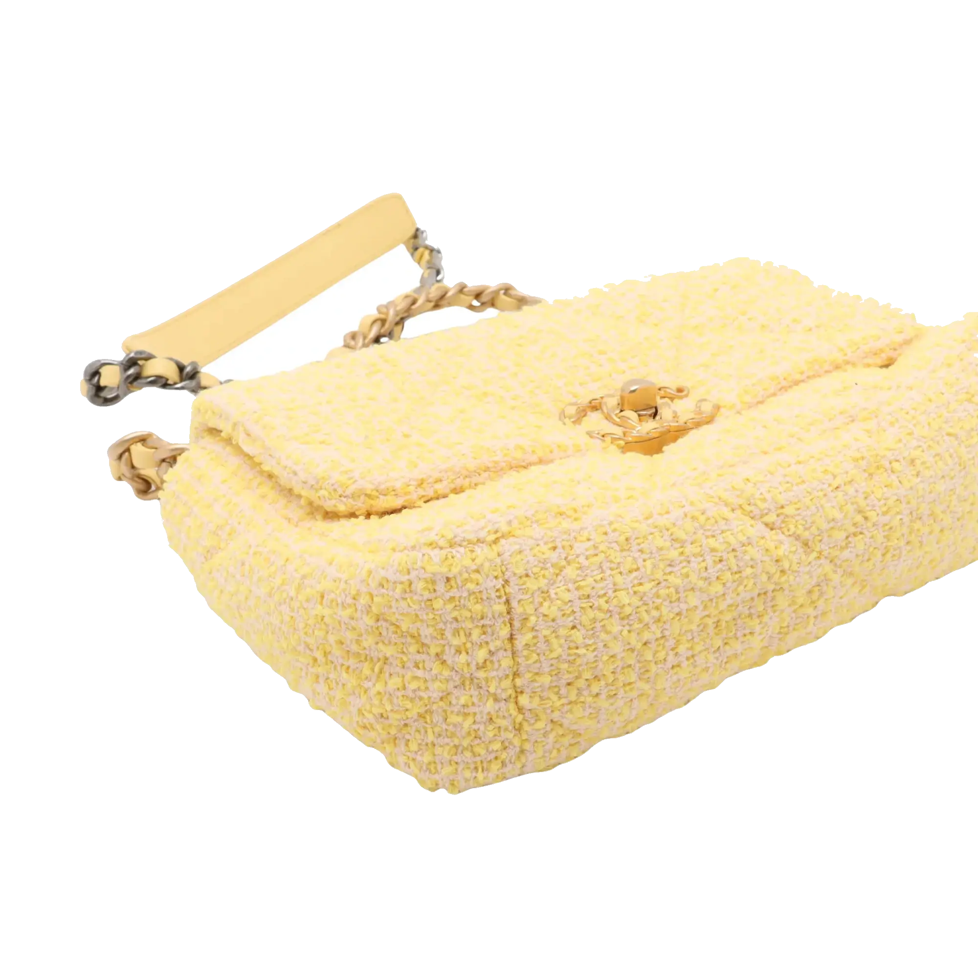 Pre-Loved Chanel 19 Shoulder Bag Quilted Tweed Small with Mixed Hardware, Yellow