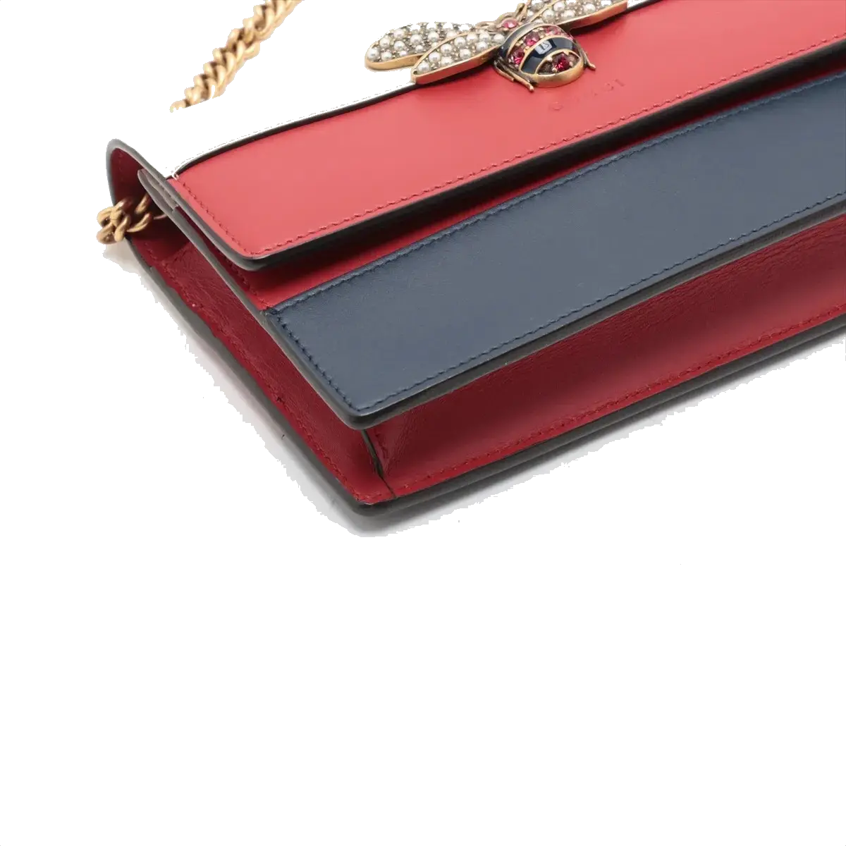 Pre-Loved Queen Margaret Wallet on Chain Crossbody Bag Leather Mini with Aged Gold Hardware, White, Red, and Navy Blue