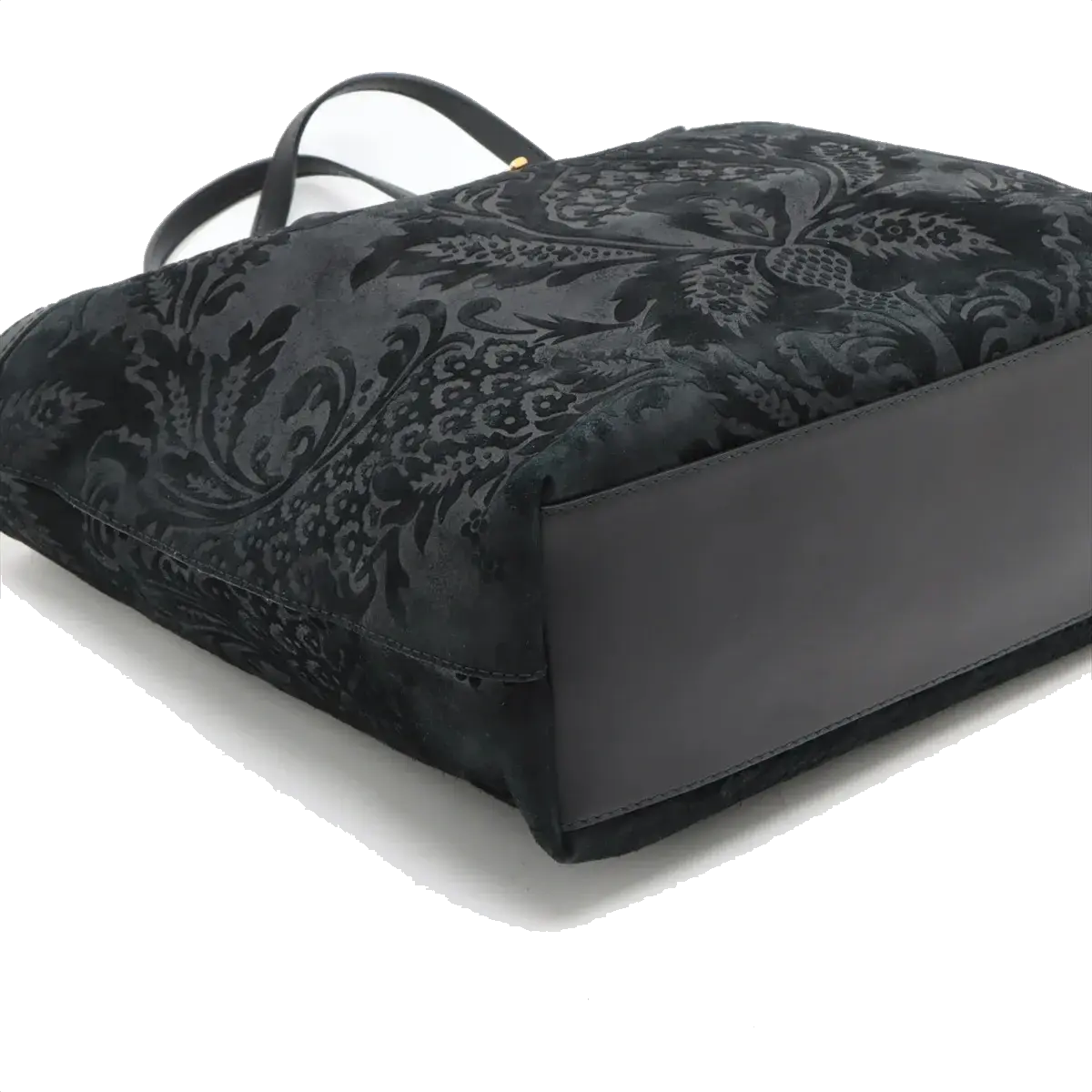 Pre-Loved Stirrup Tote Floral Suede Large with Gold Hardware, Black