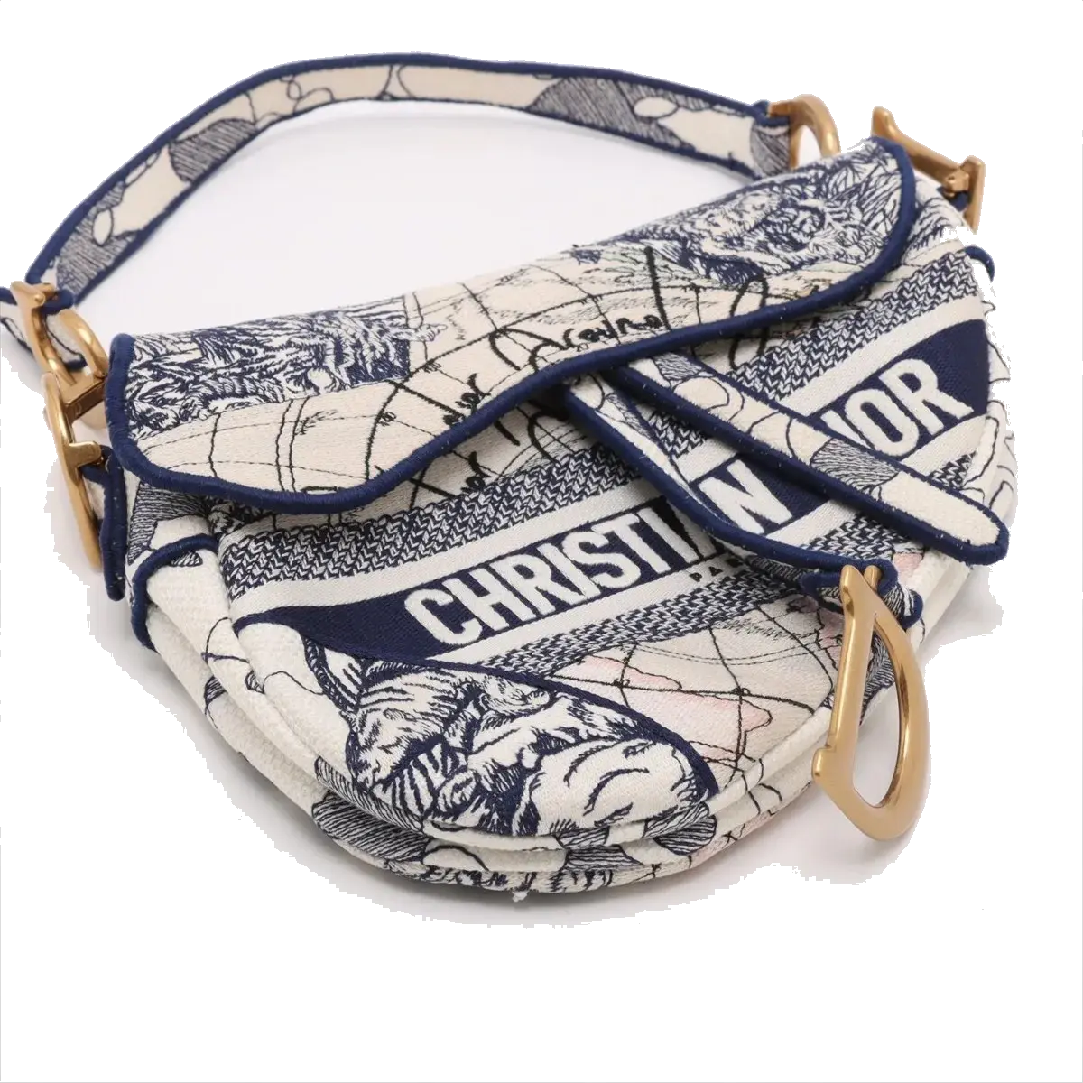 Pre-Loved Saddle Shoulder Bag Toile de Jouy Canvas Medium with Aged Gold Hardware, Beige and Blue