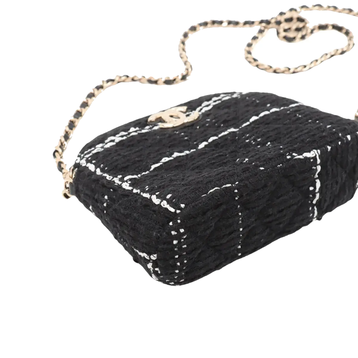 Pre-Loved Camera Bag Crossbody Bag Plaid Tweed Mini with Gold Hardware, Black and White