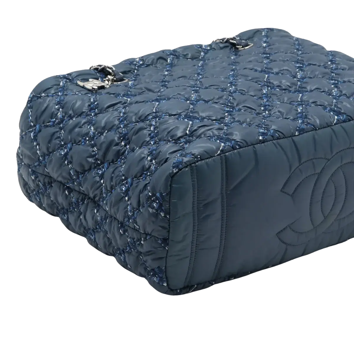 Pre-Loved Tweed on Stitch Bubble Quilt Tote Quilted Nylon with Silver Hardware, Blue