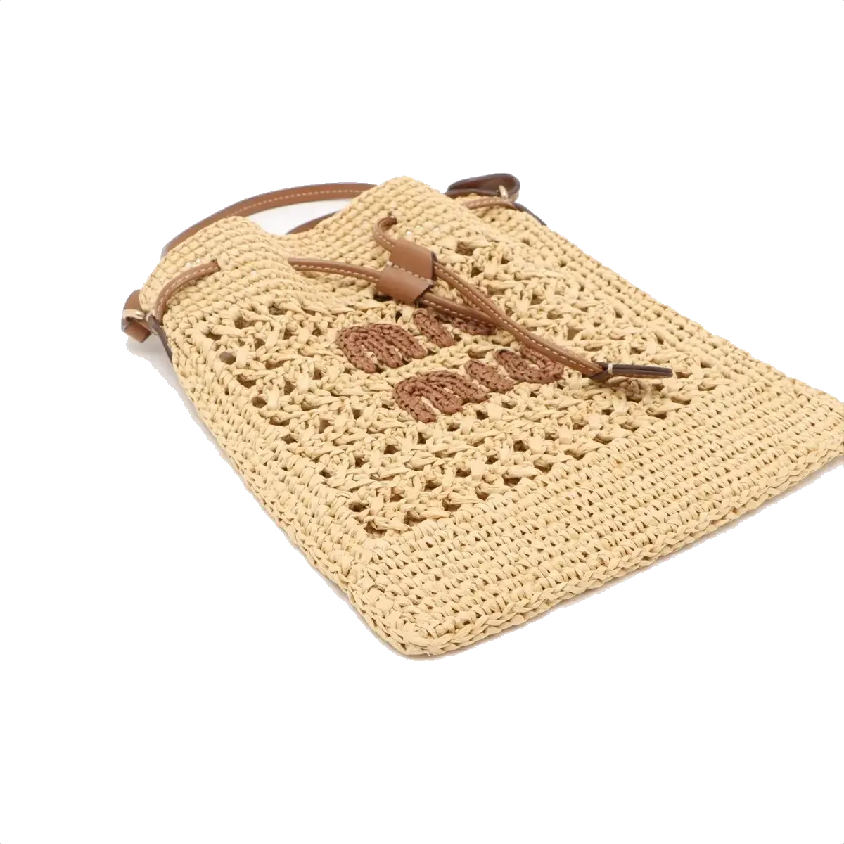 Pre-Loved Drawstring Bucket Bag Crochet Raffia with Gold Hardware, Natural Beige