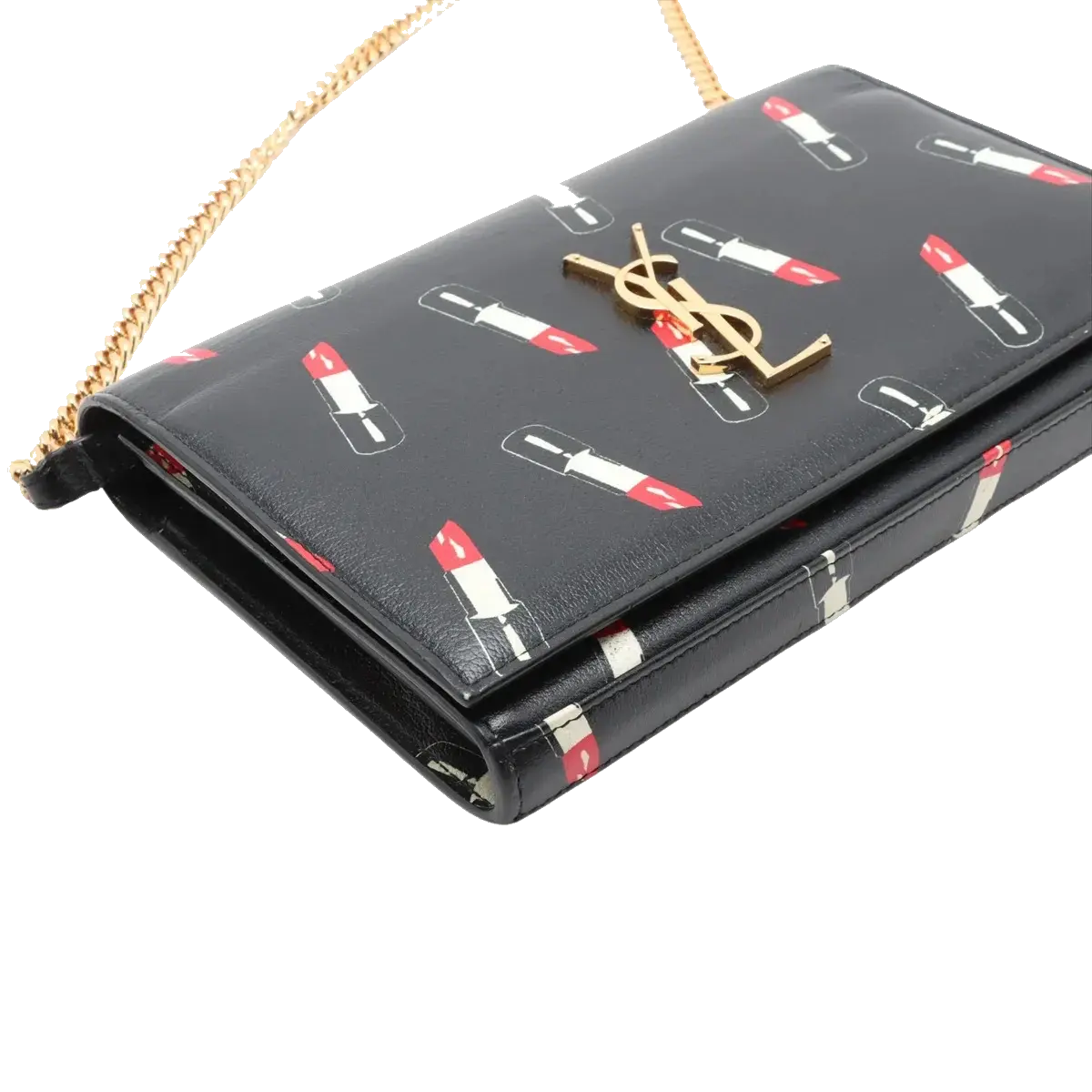 Pre-Loved Kate Chain Wallet Crossbody Bag Lipstick Print Leather Small with Gold Hardware, Black