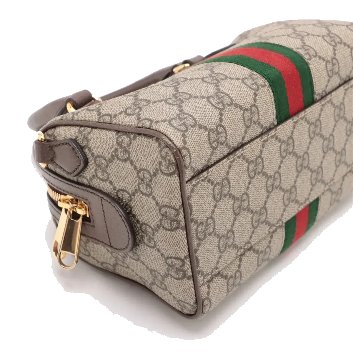 Pre-Loved Ophidia GG Mini Boston Handbag Monogram Coated Canvas Mini with Gold Hardware, Beige Ebony