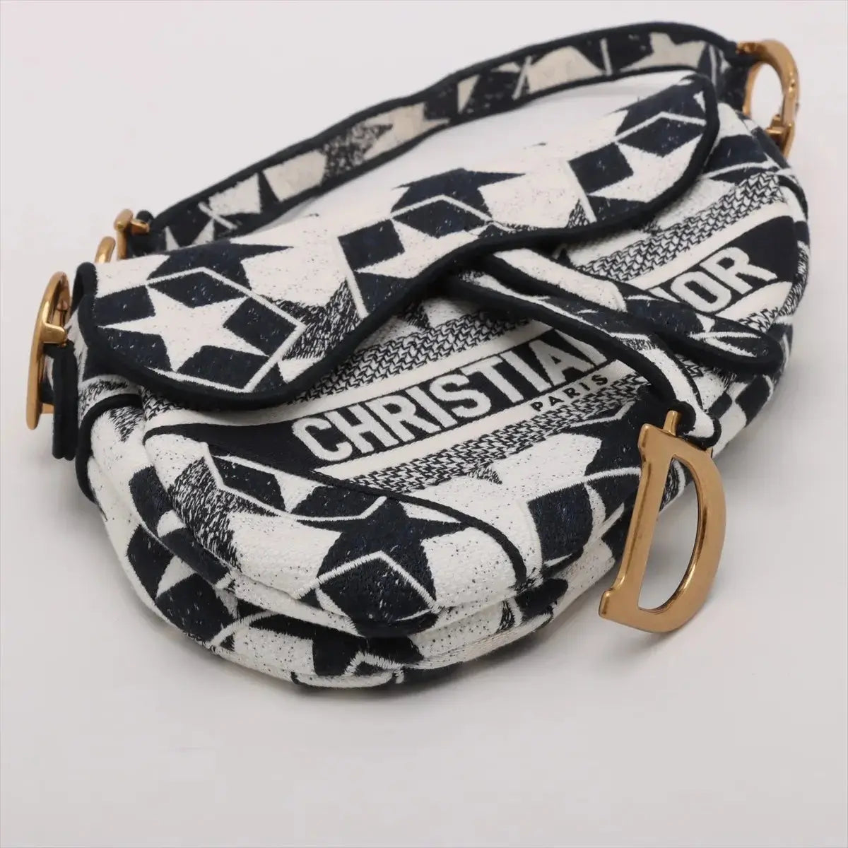 Pre-Loved Saddle Shoulder Bag Star Canvas Medium with Aged Gold Hardware, Navy and White