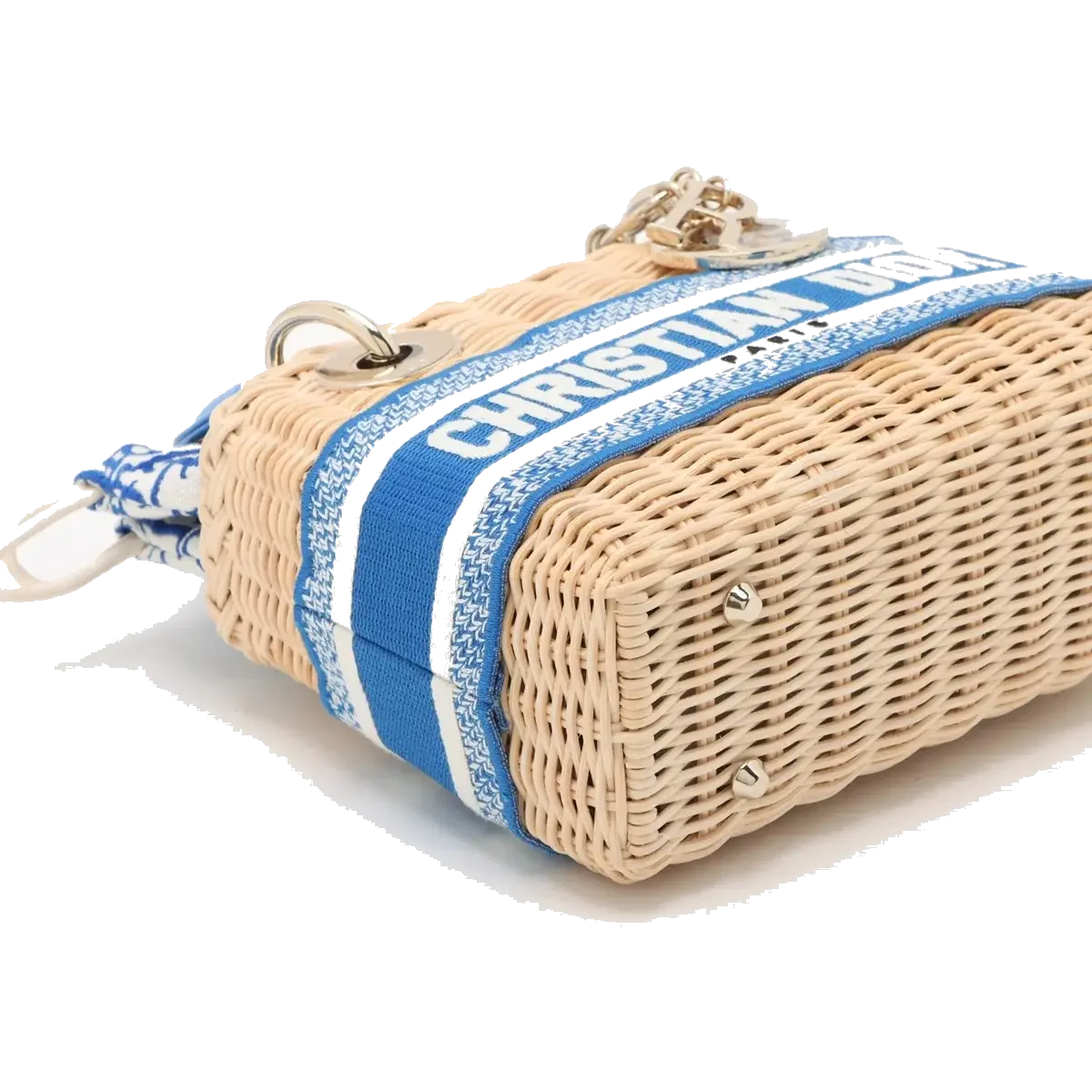 Pre-Loved Lady Dior Handbag Wicker Oblique Medium with Gold Hardware, Natural Beige and Blue