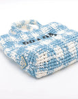 Pre-Loved Crochet Raffia Logo Tote Gingham Raffia Small with Gold Hardware, Light Blue and White