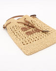 Pre-Loved Drawstring Bucket Bag Crochet Raffia with Gold Hardware, Natural Beige
