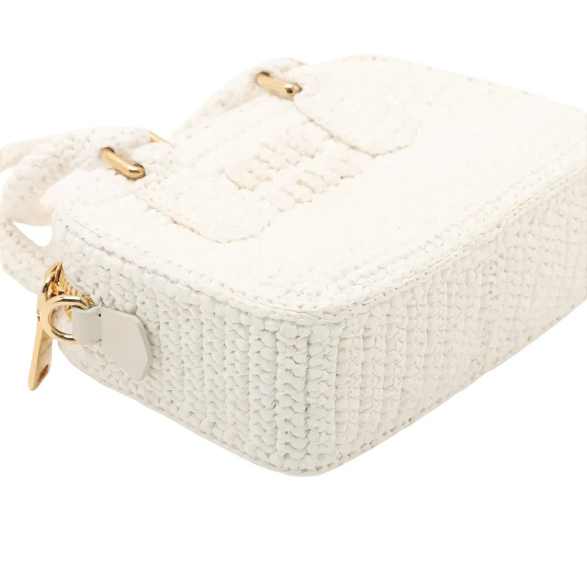 Pre-Loved Crochet Bowling Bag Handbag Crochet Raffia Mini with Gold Hardware, White