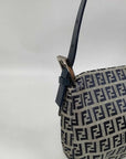 Pre-Loved Mamma Baguette Shoulder Bag Zucchino Canvas Coated with Silver Hardware, Navy and Grey