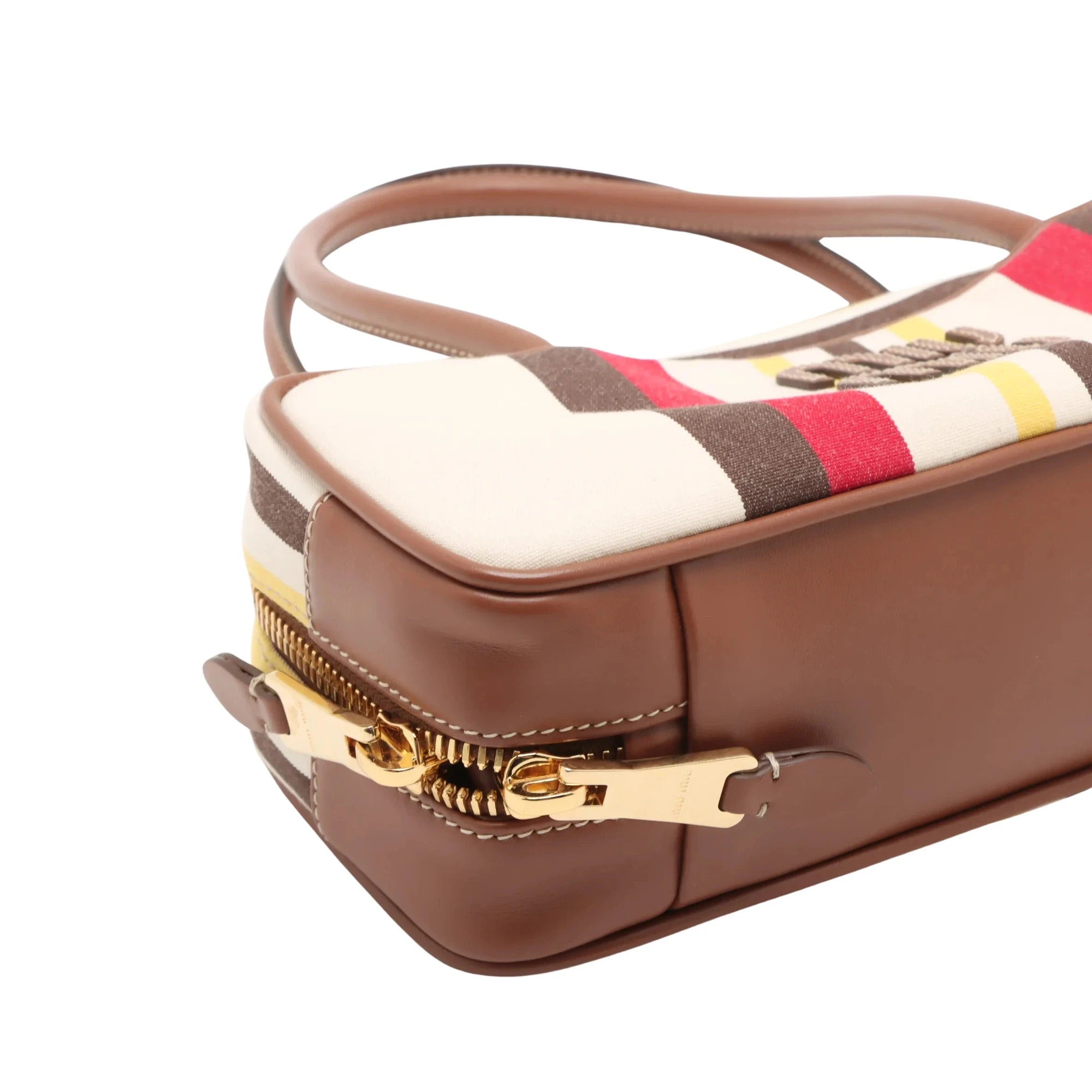 Pre-Loved Bowling Bag Handbag Striped Canvas Small with Gold Hardware, Beige Multicolor