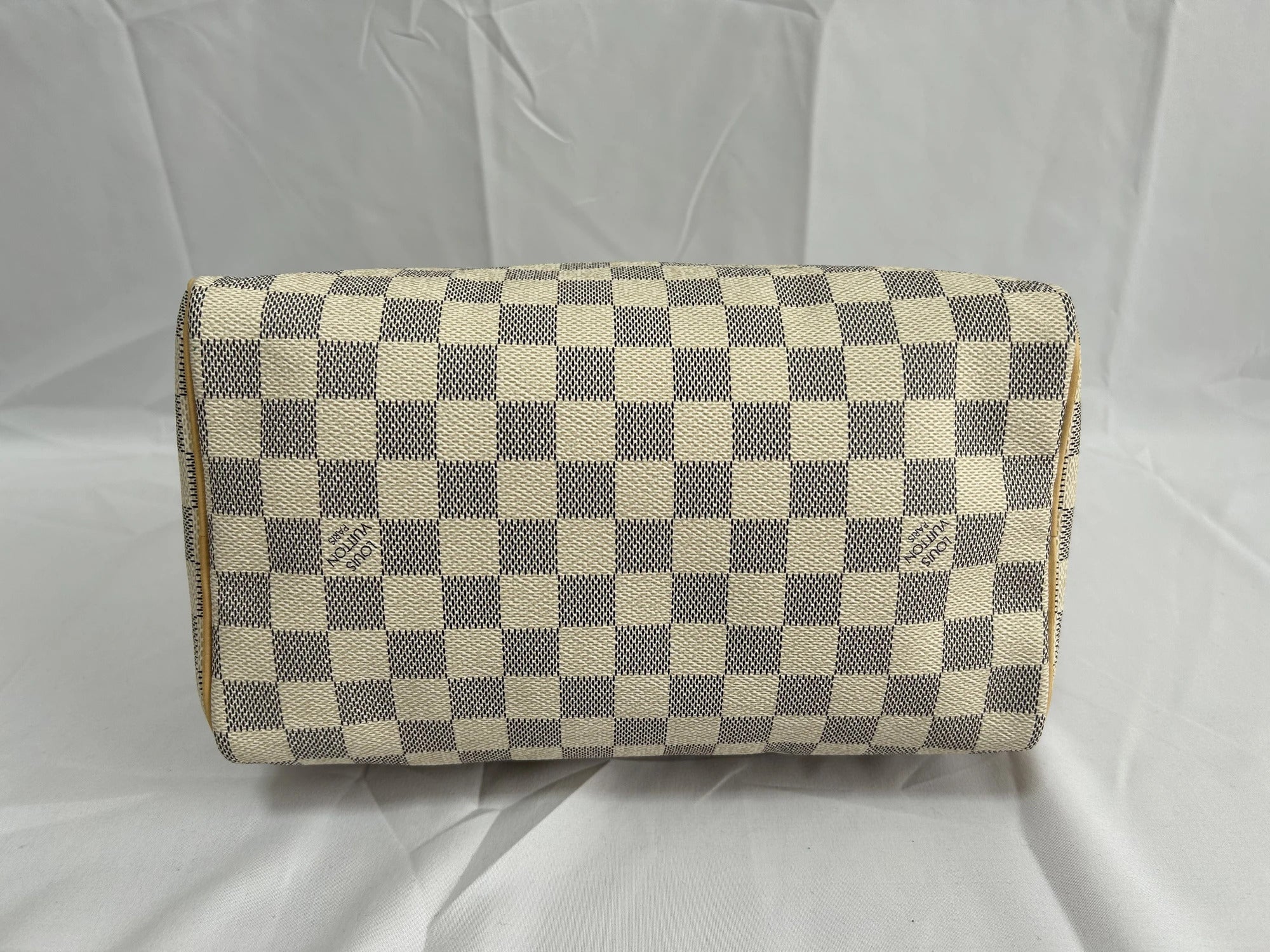 Pre-Loved Speedy Handbag Damier Azur Coated Canvas 25 with Gold Hardware, Cream