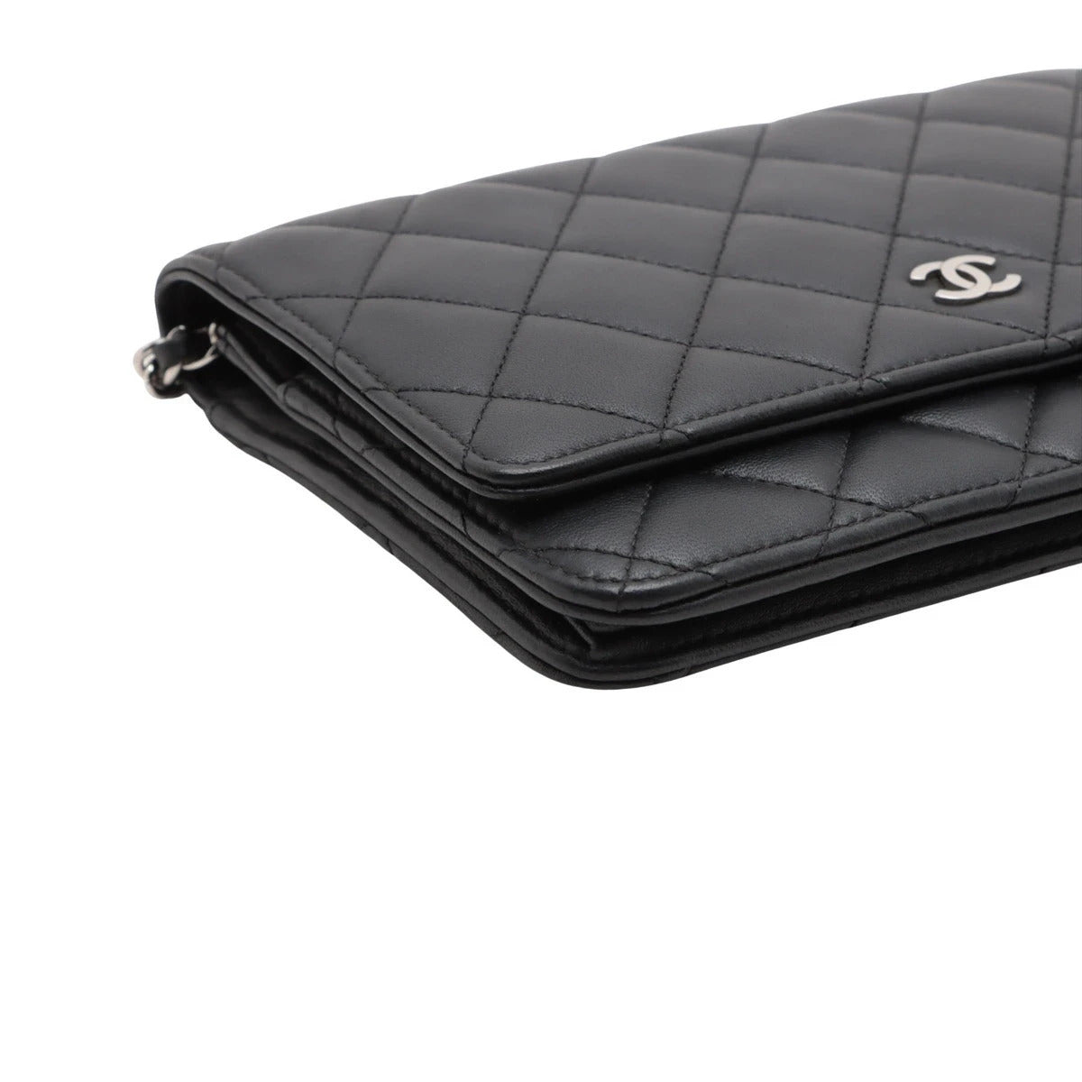 Pre-Loved Wallet on Chain Crossbody Bag Quilted Leather with Silver Hardware, Black