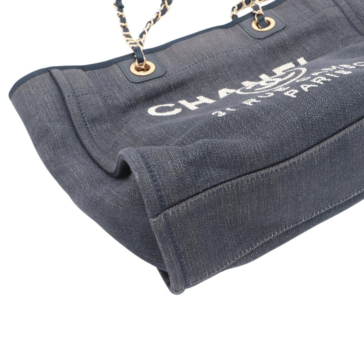 Pre-Loved Deauville Tote Denim Small with Gold Hardware, Navy Blue