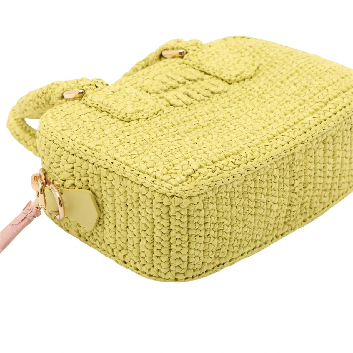 Pre-Loved Crochet Bauletto Handbag Raffia Crochet Mini with Gold Hardware, Yellow