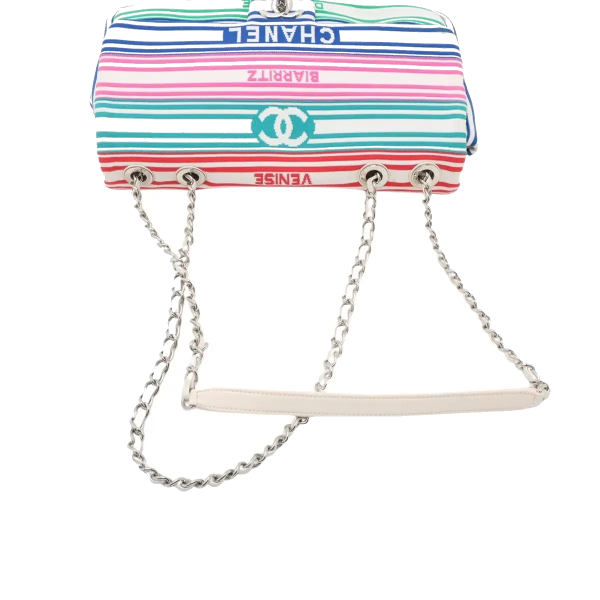 Pre-Loved Coco Stripe Flap Shoulder Bag Striped Canvas with Silver Hardware, Multicolor