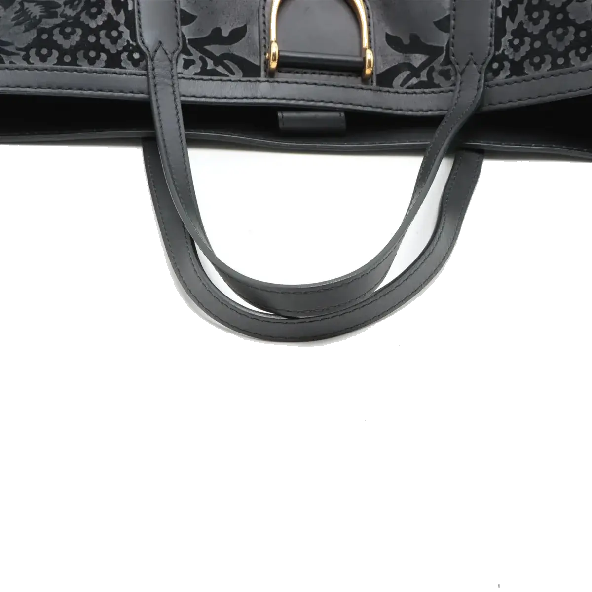 Pre-Loved Stirrup Tote Floral Suede Large with Gold Hardware, Black