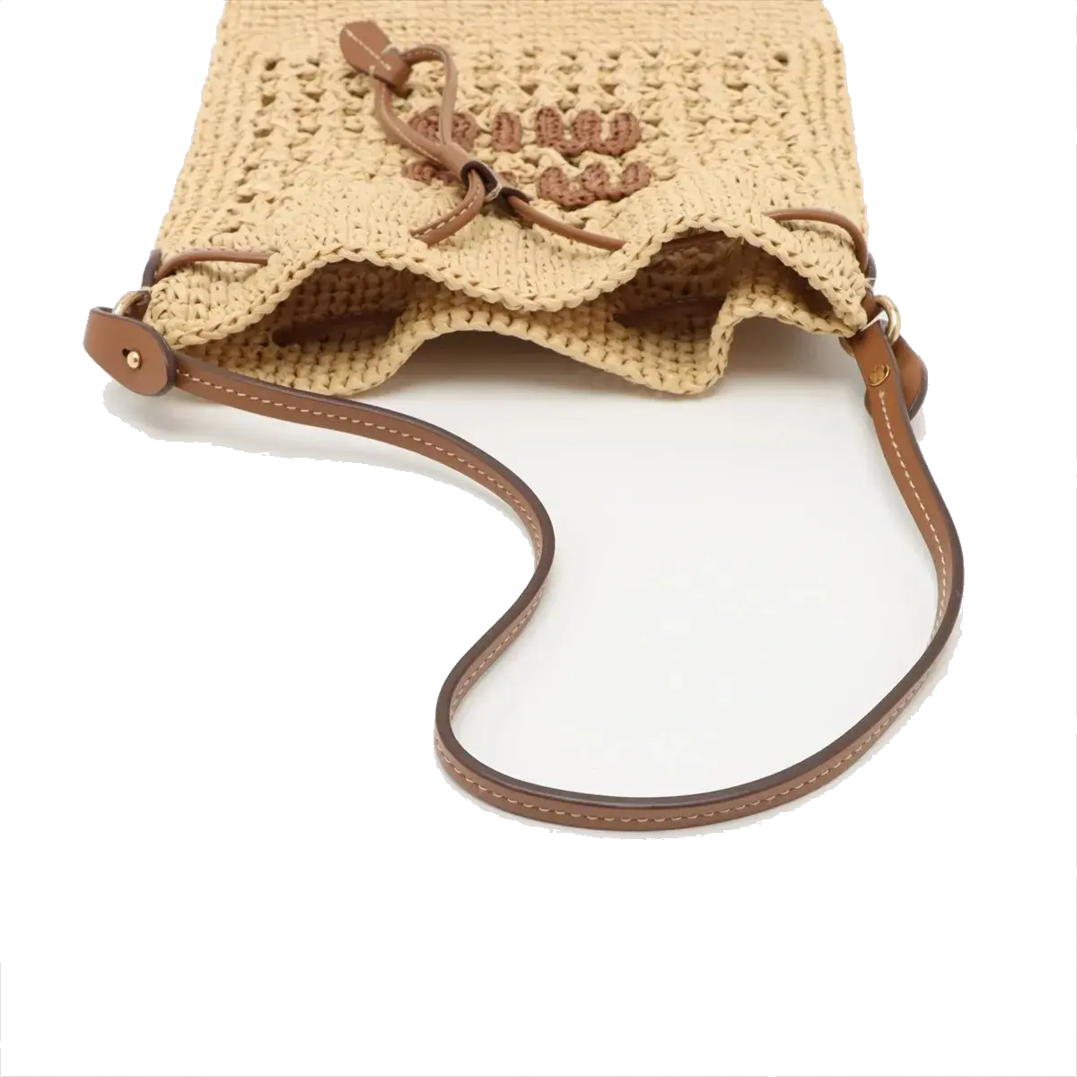 Pre-Loved Drawstring Bucket Bag Crochet Raffia with Gold Hardware, Natural Beige