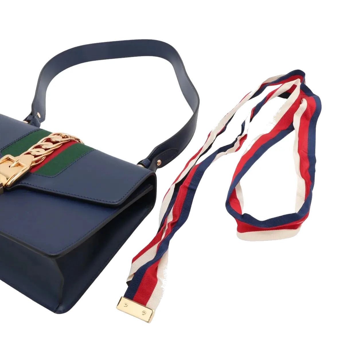 Pre-Loved Sylvie Shoulder Bag Leather Small with Gold Hardware, Navy Blue