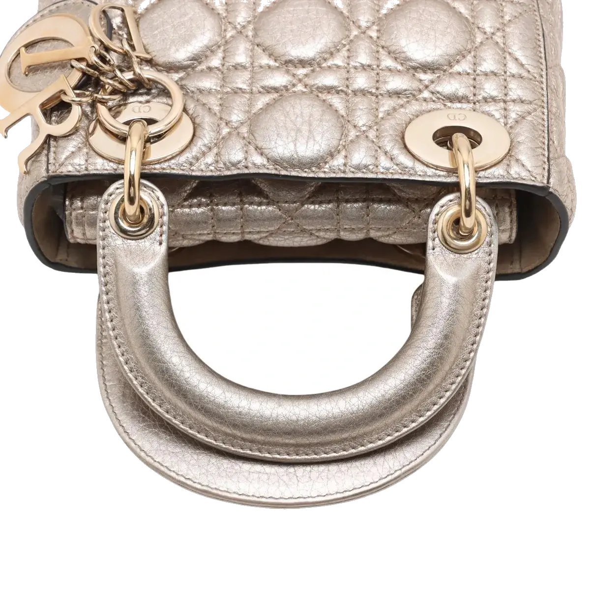 Pre-Loved Lady Dior Handbag Cannage Leather Mini with Gold Hardware, Metallic Champagne Gold