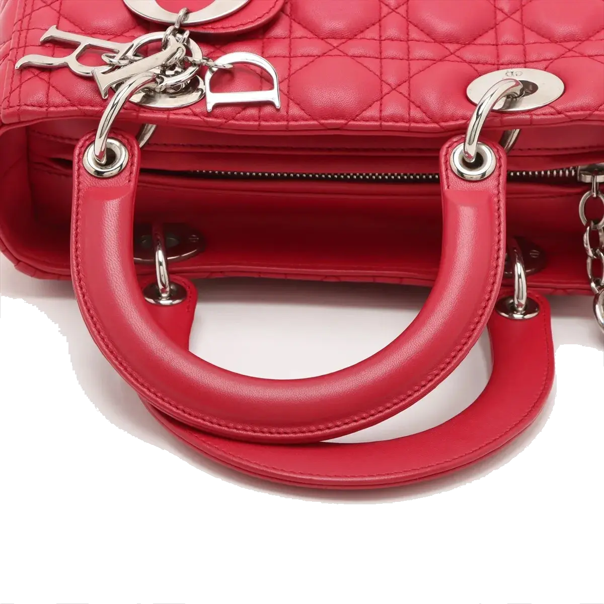 Pre-Loved Lady Dior Handbag Cannage Leather Medium with Silver Hardware, Red