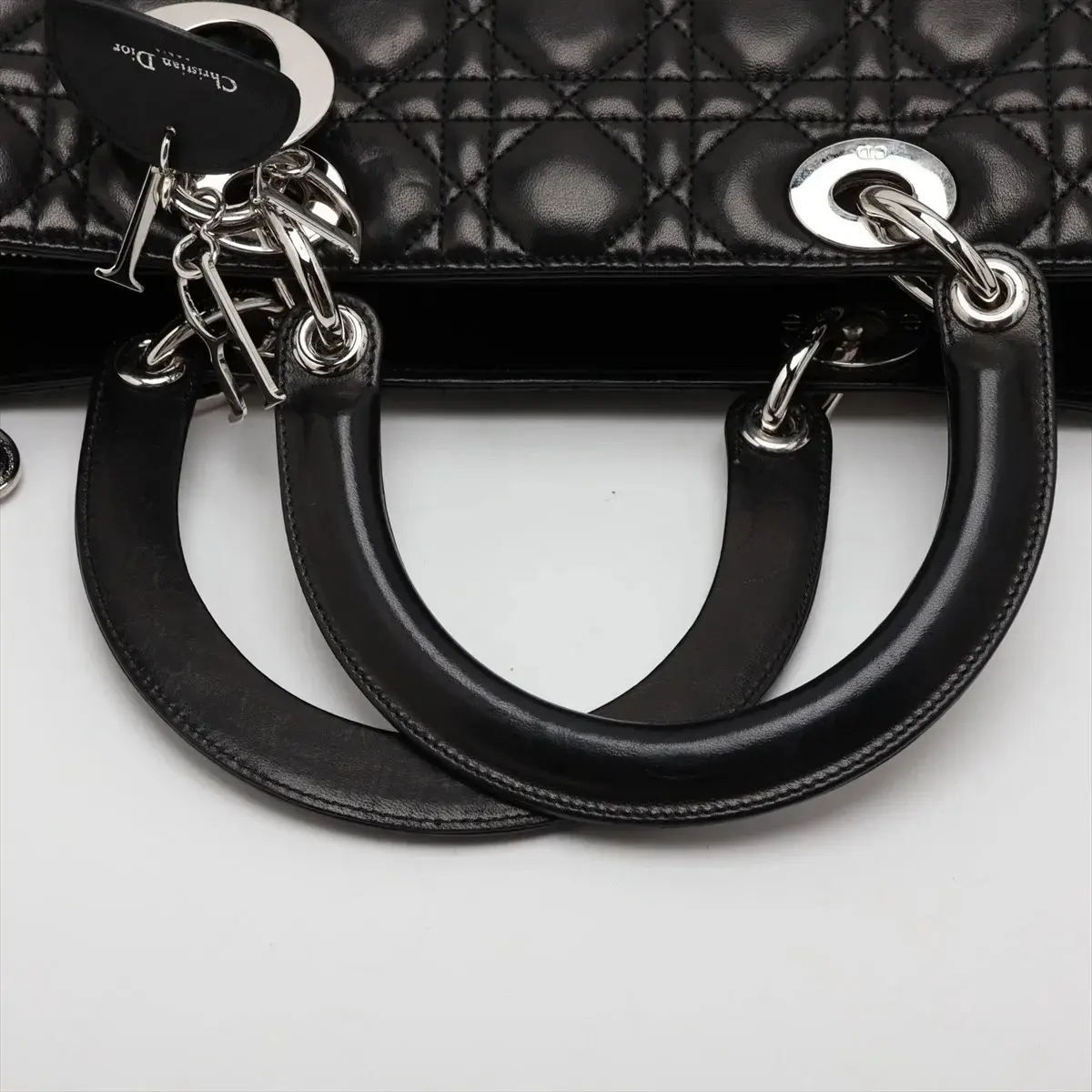 Pre-Loved Lady Dior Handbag Cannage Leather Large with Silver Hardware, Black