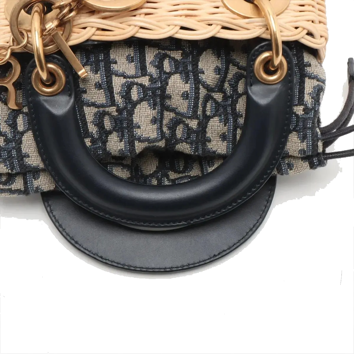 Pre-Loved Lady Dior Wicker Handbag Wicker Oblique Medium with Aged Gold Hardware, Natural / Navy