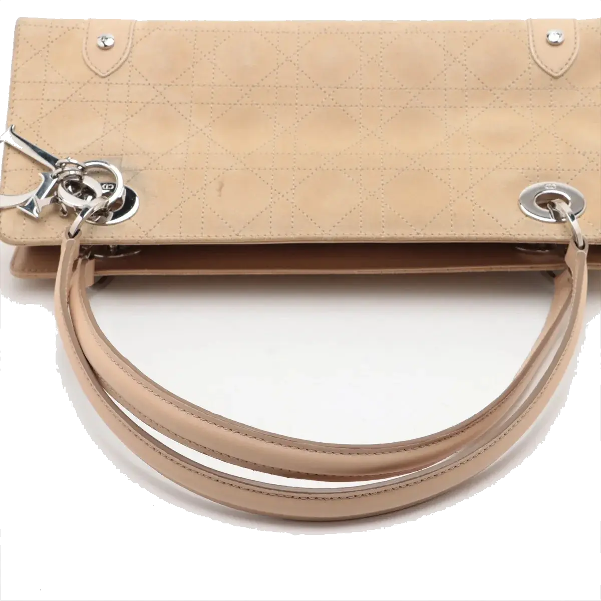 Pre-Loved Lady Dior East West Handbag Cannage Suede with Silver Hardware, Beige