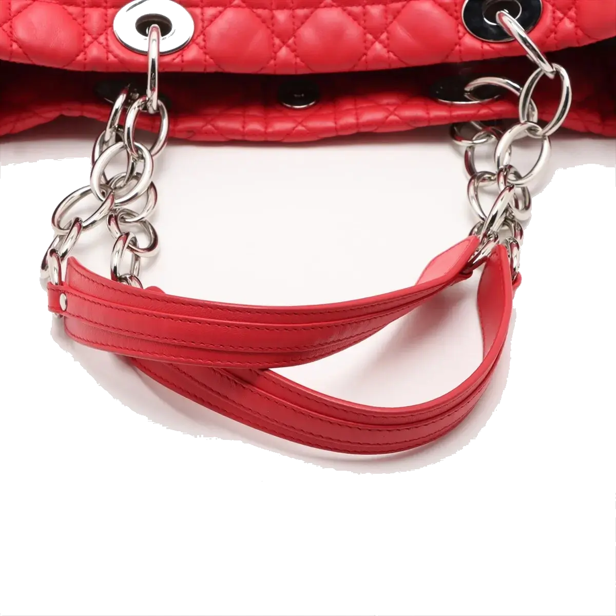 Pre-Loved Lady Dior Soft Shopping Tote Cannage Leather Large with Silver Hardware, Red