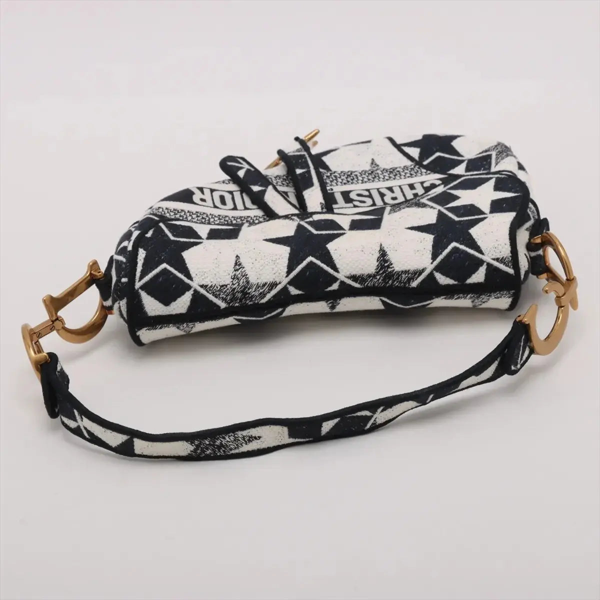 Pre-Loved Saddle Shoulder Bag Star Canvas Medium with Aged Gold Hardware, Navy and White